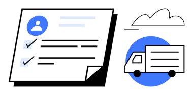 Profilli belge, kontrol işaretleri ve bulut simgesinin yanındaki teslimat kamyonu. Lojistik, dağıtım hizmetleri, görev yönetimi, iş akışı, e-ticaret, dijital çözümlerin izlenmesinde ilerleme kaydetmek için ideal. Düz