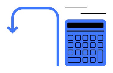 Aşağı doğru eğimli okun yanındaki hesap makinesi finansal süreçleri, veri takibini veya karar vermeyi sembolize eder. Muhasebe, bütçe, finans, iş, hesaplama, planlama dairesi için ideal