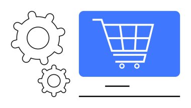 Alışveriş arabası grafikli mavi ekran, yanında sistem süreçlerini ve bütünleşmeyi sembolize eden iki vites simgesi var. E-ticaret, dijital pazarlama, otomasyon, yazılım geliştirme için ideal