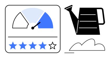 Hız ölçer tarzı memnuniyet ölçer, 5 yıldızlı derecelendirme sistemi, sulama kutusu ve bulut elementi. Müşteri geribildirim, büyüme, bakım, geliştirme hizmeti kalitesi verimliliği için idealdir. Düz