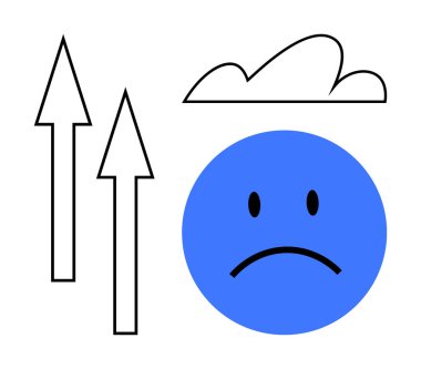 Yukarı doğru iki ok ve bir bulut yanında mavi üzgün yüz, ikili duyguları, çatışmayı ve ilerlemeyi yansıtıyor. Motivasyon, stres, çatışma, kişisel büyüme, zihinsel sağlık karar verme dairesi için ideal