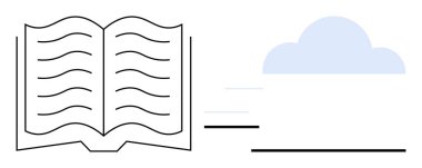 Dalgalı çizgilerin bir bulut simgesine dönüştüğü açık bir kitap, dijital veri transferi, eğitim, bulut depolama, yenilik, teknoloji, öğrenme ve ilerlemeyi sembolize ediyor. Teknoloji eğitimi için ideal