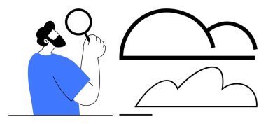 Büyüteç tutan adam soyut bulut şekillerine doğru, veri analizi, bulut teknolojisi, araştırma, problem çözme, yenilik, bilgi sistemlerini temsil ediyor. Teknoloji ve analitik için ideal