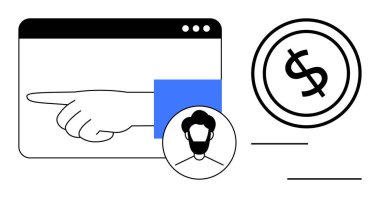 Kullanıcı profili ve para birimi işaretinin yanında dijital arayüzü işaret ediyor. Finans, ödeme süreçleri, kullanıcı arayüzü, çevrimiçi işlemler, teknoloji, dijital ekonomi, düz basit metafor için ideal
