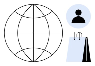 Küre küresel erişimi simgeliyor, kimlik için kullanıcı profili, e-ticaret için alışveriş torbası. Teknoloji, iletişim, iş, e-ticaret, küreselleşme perakende bağlantısı için ideal. Düz basit