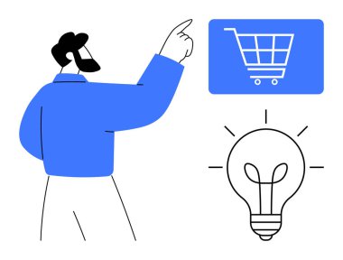 Dijital alışveriş arabası ikonuna ve ampulüne işaret eden adam, yeniliği, e-ticareti, teknolojiyi, yaratıcılığı, verimliliği, büyümeyi, stratejiyi sembolize ediyor. İş planlama kampanyaları için ideal