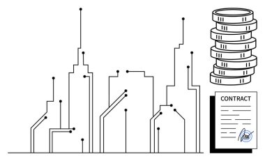 Şehir binaları devre tasarımları, bozuk para yığınları ve imzalı sözleşmeyle entegre edildi. Teknoloji, gayrimenkul, finans, yenilik, zincir yatırımları için ideal. Düz basit metafor