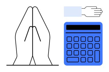 Dua eden eller, mavi hesap makinesi ve yan yana uzanmış. Hayırseverlik, finans, maneviyat, bağış, minnettarlık bütçesi ve başkalarına yardım için idealdir. Açık düz basit metafor