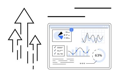 Tablet analitik gösterge paneli yukarı bakan oklarla birlikte grafikler, çizelgeler ve metrikler gösteriyor. Finans, ilerleme, büyüme, iş, başarı gelişimi için ideal ekonomik trendler. Düz basit