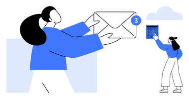 Zarflı kadın bildirimleri alıyor, kişi verileri bulutlara yüklüyor. İletişim, takım çalışması, bulut depolama, teknoloji, e-posta yönetimi, dijital iş akışlarını güncellemek için ideal. Düz basit