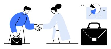 Yanında veri tablosu olan bir çantayı tutarken el sıkışan iki profesyonel. İş ortaklıkları, takım işbirliği, anlaşmalar, iletişim, şirket anlaşmaları, iş ahlakı için ideal