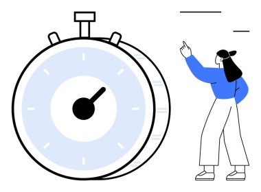 Kadın büyük boy kronometreyle etkileşime giriyor, zaman yönetimi, verimlilik, teslim tarihleri ve öncelikleri vurguluyor. İş, verimlilik, odaklanma, planlama başarısı kavramları için ideal