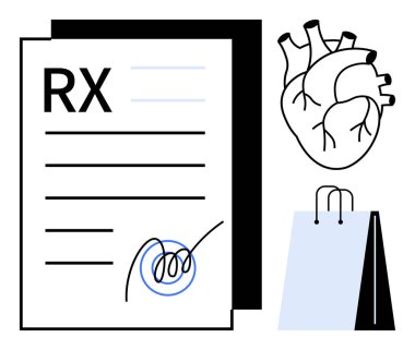 İmzalı RX reçetesi, anatomik kalp diyagramı ve alışveriş çantası. Sağlık, ilaç, kardiyoloji, tedavi, e-ticaret eczane tıbbı ticareti için ideal. Düz basit metafor