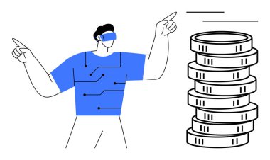 VR kulaklık takan adam, bağlı devre hatları teknolojiyi ön plana çıkarırken bozuk paralara doğru hareketler yapıyor. Fintech, VR, kripto para birimi, yenilik, dijital finans, yatırım, metaevren için ideal