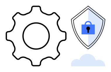 İkona, asma kilitli güvenlik kalkanı ve bulut. Teknoloji, siber güvenlik, bulut bilgisayarı, veri koruması, bilişim altyapı sistemi güvenliği ve ağ yönetimi temaları için ideal. Soyut