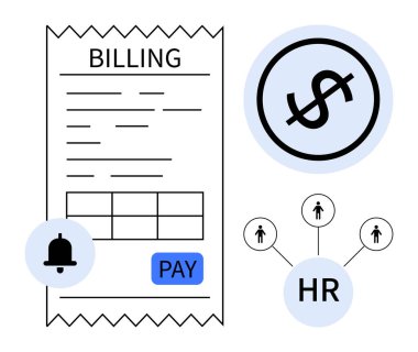 Fatura makbuzu, İK ağı şeması, dolar işareti ve uyarı zili. Finans, ödemeler, İK, maaş bordrosu, tebligatlar kaynak tahsisi için ideal basit metafor