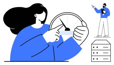 Performans göstergesini ayarlayan kadın, veri içgörüsü sunan erkek, veri depolama konsepti. Ticari büyüme, verimlilik ölçümleri, proje yönetimi, veri görselleştirme, analitik çözümler için ideal