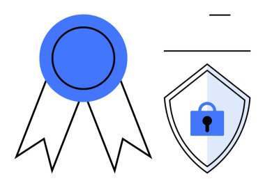 Kilit simgesi olan bir güvenlik kalkanının yanında başarı veya tanınma ödülü kurdelesi. Sertifika, kalite güvencesi, siber güvenlik, güven, tanınma, güvenlik, başarı için ideal. Basit.