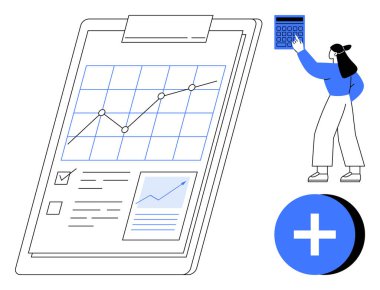 Veri grafiği, kontrol listesi ve büyüme grafiği olan pano, hesap makinesi kullanan kadın ve büyük artı işareti. İş için ideal, analitik, finansman verimlilik planlama başarı takım çalışması. Düz basit