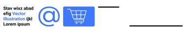 Mavi alışveriş arabası simgesi, e-posta sembolü ve minimum metin elemanlarıyla eşleştirildi. Dijital pazarlama, e-ticaret, e-posta kampanyaları, iş araçları, web sitesi düzenleri, promosyonlar, basit iniş sayfaları için ideal