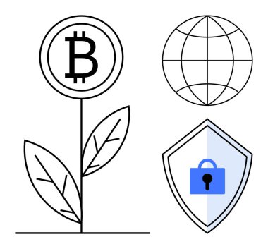 Bitcoin fabrikası büyümeyi simgeler, küresel şebeke dünya çapında erişimi yansıtır, koruma kilidi olan güvenlik kalkanı. Finans, teknoloji, kripto para birimi, blok zinciri, güvenlik, küresel için ideal