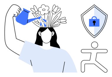 Kadın suları büyüyen çiçeklerle başlar, kişisel gelişimi temsil eder. Kilitli mavi kalkan güvenliği simgeliyor. Fiziksel sağlığı tasvir eden basit bir çöp adam. Ruh sağlığı ve kişisel bakım için ideal.