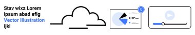 Bir pasta grafiği analitik paneline ve bir çalma tuşuna bağlı bir video oynatıcı arayüzüne bağlı bulut. Veri depolama, bulut hesaplama, analitik, medya akışı, çevrimiçi hizmetler, içerik için ideal