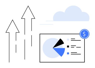 Yukarı çıkan oklar büyümeyi vurgular, bulut çevrimiçi eğilimi önerir, pasta grafiği veri analizini gösterir ve dolar finans anlamına gelir. Başarı, büyüme, analitik, finans, strateji, iş yeniliği için ideal