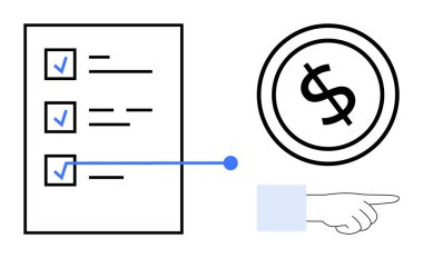 İşaretli görevleri bir dolar işaretine bağlı olan kontrol listesi, finansal hedefleri ya da başarıları sembolize ediyor. Vurgu için el işaretleri. Üretim, planlama, finans, iş, tasarruf için ideal