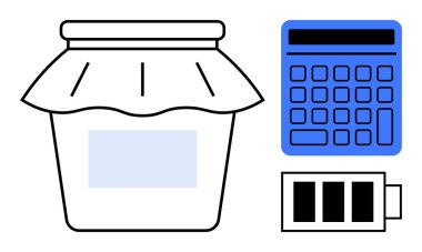Kapaklı kavanoz, elektronik hesap makinesi ve düşük pil ikonu enerji kullanımı, tasarruf, bütçe oluşturma, verimlilik, minimalist yaşam, sürdürülebilirlik ekolojik bilinç uygulamalarını vurguluyor. Düz basit