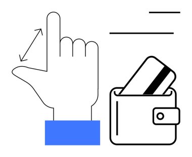 Cüzdanının yanında kredi kartıyla el kol hareketi hareketi. Dijital işlemler için ideal, NFC ödemeleri, temassız teknoloji, finansal uygulamalar, ecommerce, sanal cüzdanlar, fintech hizmetleri. Çizgi