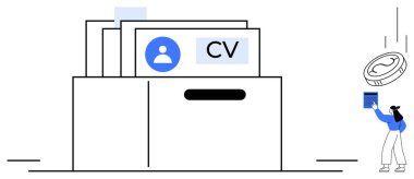 Dosya çekmecesinde içinde kullanıcı profili sembolü olan bir yığın CV. Belgeyi bozuk para gibi tutan kişi. İşe alım için ideal, iş başvuruları, İK, kariyer planlaması, takım çalışması, kaynaklar, daire sade