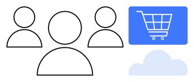 Online işbirliğini temsil eden bulut ve alışveriş arabası grafiğine bağlı üç kullanıcı simgesi. E-ticaret, takım çalışması, erişilebilirlik, bulut teknolojisi, dijital pazarlama, uzaktan çalışma için ideal