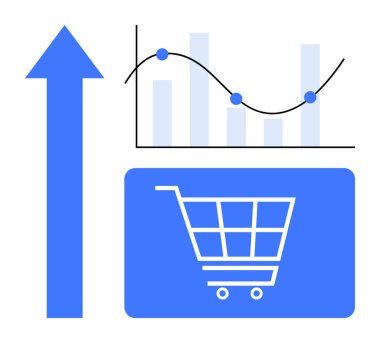 Yukarı ok, akım çizelgesi ve e-ticaret büyümesi ve veri analizini vurgulayan alışveriş arabası grafikleri. İş, pazarlama, e-ticaret, analitik, satış trendleri stratejisi için idealdir. Düz