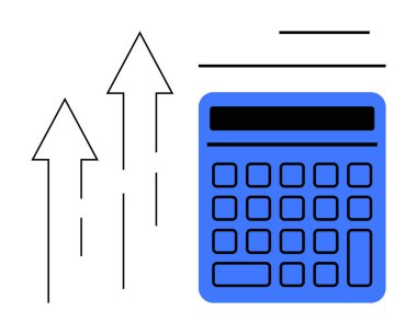Büyümeyi, finansal başarıyı, ilerlemeyi ve analizi temsil eden üç yukarı doğru okun yanı sıra hesap makinesi. Finans, iş, bütçe, yatırım, ekonomi muhasebe istatistikleri için ideal
