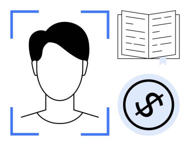 Yüz tanıma çerçevesinde insan kafası tasviri, kitap ayracı ile açık kitap, ve dolar işareti ile daire çizmek. Teknoloji, eğitim, finans, kimlik, dijital mahremiyet, yenilik için ideal basit metafor