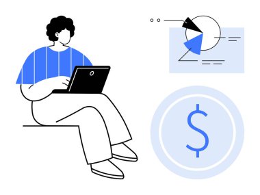 Pasta grafiğinin yanında dizüstü bilgisayarla çalışan ve finansal veri, analiz ve planlamayı temsil eden bir dolar ikonu. İş, ekonomi, pazar eğilimleri, yatırım, bütçe ve analitik için ideal