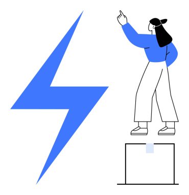 Büyük mavi bir yıldırım tarafından yukarı doğru çevrilmiş bir bloğa basan bir kadın. Temalar için ideal yaratıcılık, enerji, büyüme, güç, motivasyon, liderlik, problem çözme. Düz basit