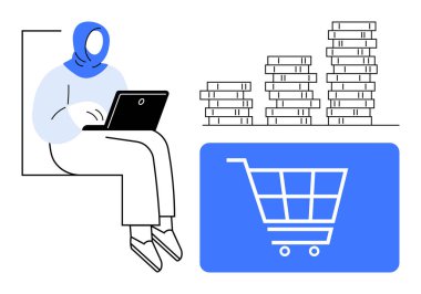 Dizüstü bilgisayarda çalışan bir kadın, alışveriş arabası ikonu, online alışveriş, finans ve büyümeyi sembolize eden bozuk para yığınları. E-ticaret, iş, ekonomi, teknoloji girişimciliği eğitimi için ideal
