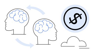 Bir dolar işareti ve bulutun yanındaki oklarla birbirine bağlı iki insan profili. Finans, eğitim, takım çalışması, yenilik, öğrenme, işbirliği ve strateji için ideal. Düz basit metafor