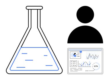 Sıvı, kullanıcı profili simgesi ve grafik ve istatistiklerle dolu bir laboratuvar şişesi. Bilim, araştırma, veri analizi, teknoloji, yenilik, eğitim ve takım çalışması için ideal