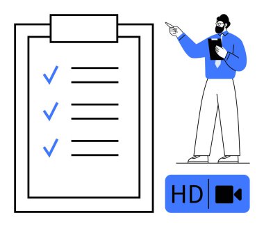 Kontrol işaretli büyük bir liste, not defteriyle el kol hareketi yapan biri, HD video simgesi. Üretkenlik, organizasyon, çevrimiçi öğrenme, sunumlar, iş eğitimi dijital planlaması için idealdir. Düz basit