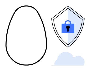 Mavi kilitli ve kıvrımlı bulutlu kalkan simgesinin yanında soyut yumurta şekli. Siber güvenlik, koruma, gizlilik, veri güvenliği, çevrimiçi güvenlik, dijital güvenlik, yazılım koruma kavramları için ideal