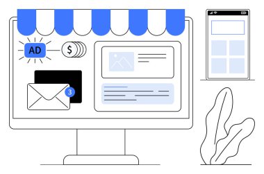 Masaüstü pazarlama araçlarını gösteriyor. Reklamlar yukarı, e- posta kutusuna gelen uyarılar ve içerik unsurlarını gösteriyor. Web sayfası planlı cep telefonu. Pazarlama, iş teknolojisi, dijital reklamlar, kampanyalar için ideal