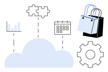 Çeşitli dijital işlevlerin entegrasyonunu temsil eden alışveriş torbaları, takvim, çizelge, teçhizat ve yapboz parçalarına bağlı bulut. E-ticaret, organizasyon, analitik, iş akışı için ideal