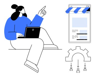 Dizüstü bilgisayarı olan iş kadını çevrimiçi mağaza arayüzü, otomasyon iş akışını gösteriyor. E-ticaret, takım yönetimi, dijital strateji, pazarlama planlaması, girişimcilik için ideal