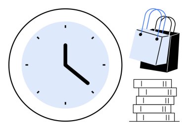 Saati gösteren saatler, perakende aktiviteyi temsil eden alışveriş torbaları ve öğrenme ve bilgiyi gösteren bir yığın kitap. Zaman yönetimi, perakende, eğitim, üretkenlik, son başvuru tarihleri, alışveriş için ideal
