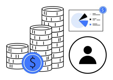 Birikmiş paralar, dairesel para birimi simgesi, kullanıcı avatarı ve turta diyagramı olan finansal grafikler. Finans, yatırım, bütçe, ekonomi yönetimi analitik veri kavramları için idealdir. Düz basit