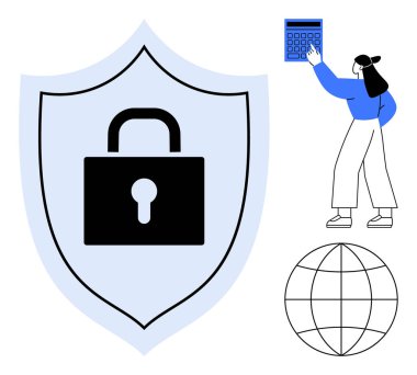 Güvenliği sembolize eden bir kalkanın üzerindeki asma kilit, verileri hesaplayan kadın, şebeke simgesi. Siber güvenlik, güvenli işlemler, küresel veriler, gizlilik, finans yönetimi, koruma ve teknoloji için ideal