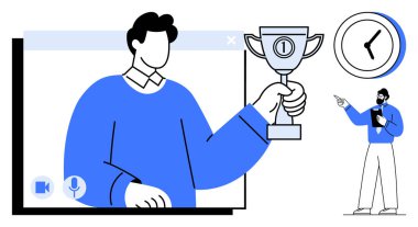 Ev sahibi saati gösterirken elinde kupa tutan kişi. Başarı için ideal, uzak çalışma, başarı, tanınma, zaman yönetimi, sanal olaylar, düz basit metafor